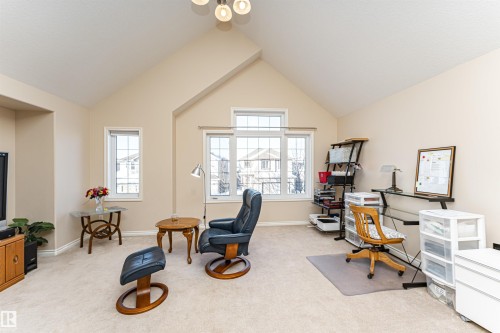 Vaulted ceiling living space featuring multiple windows - 1915 126 Street, Edmonton, AB - Indoor Photo Showing Office