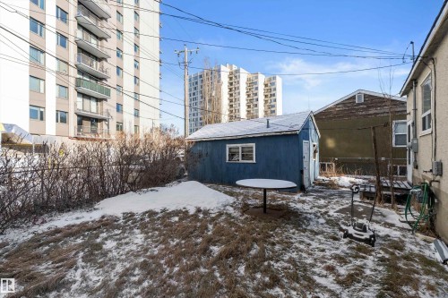 Rear yard with a blue shed featuring a window and white trim - 10124 88 Avenue, Edmonton, AB - Outdoor