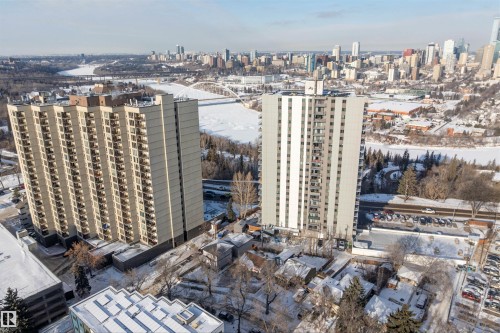 High-rise residential building featuring multiple balconies and a prominent rooftop structure - 10124 88 Avenue, Edmonton, AB - Outdoor With View