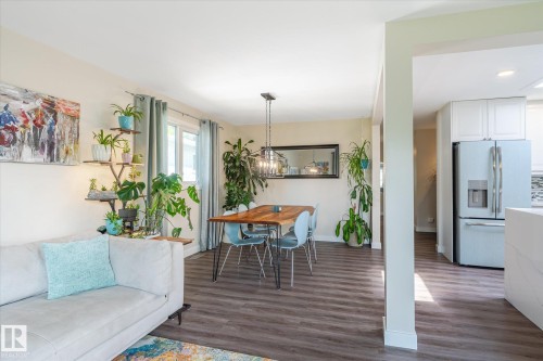 Open-concept dining area featuring wood-finish flooring, a contemporary chandelier, and a large window with drapes - 10339 36A Avenue, Edmonton, AB - Indoor