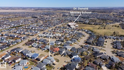 Aerial perspective of a residential neighborhood featuring detached homes on individual lots - 5736 161 Avenue, Edmonton, AB - Outdoor With View