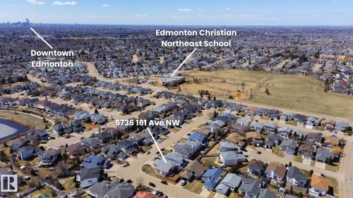 Aerial perspective of a residential neighborhood with varied housing styles - 5736 161 Avenue, Edmonton, AB - Outdoor With View