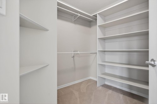 Walk-in closet with carpet flooring, extensive built-in shelving, and hanging rods - 34 3003 34 Avenue, Edmonton, AB - Indoor With Storage
