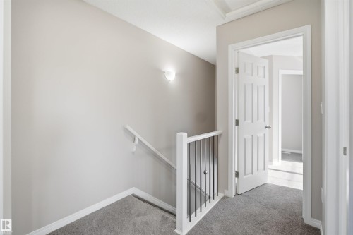 Upper-level landing featuring neutral-toned walls, gray carpeting, a white panel door, and a white handrail with black metal balusters - 33 7385 Edgemont Way Nw, Edmonton, AB - Indoor Photo Showing Other Room