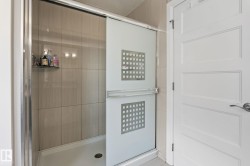 Tiled shower with sliding frosted glass enclosure and integrated shelf - 