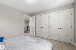 Bedroom featuring multiple storage closets with modern panel doors, neutral carpeting, and light gray wall paint - 