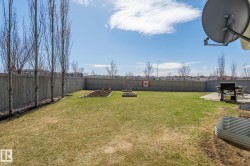 Spacious backyard featuring a manicured lawn, a full wooden privacy fence, mature trees, and a concrete patio - 