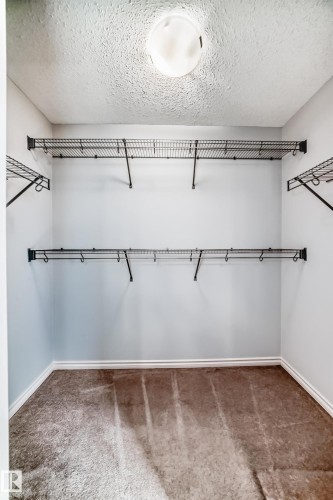 Walk-in closet featuring light blue walls, brown carpet, white baseboards, and a flush mount ceiling light - 6723 19 Avenue, Edmonton, AB 