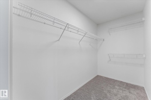 Closet featuring wire shelving, wire hanging rods, neutral wall paint, white baseboards, and gray textured carpeting - 326 Silver Berry Road, Edmonton, AB - Indoor With Storage