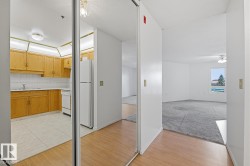Entryway featuring mirrored closet doors and wood-finish flooring - 