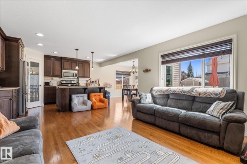 Open-concept living space featuring wood-finish flooring throughout - 41 Heron Crescent, Spruce Grove, AB - Indoor Photo Showing Living Room