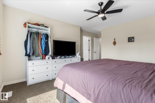 Room featuring light neutral wall paint, a black ceiling fan with integrated lighting, and carpeted flooring - 41 Heron Crescent, Spruce Grove, AB - Indoor Photo Showing Bedroom
