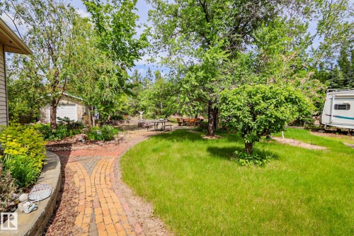 Landscaped grounds featuring a split-path paver walkway, mature trees, and natural grass areas - 400 60501 Range Road 120, Rural St. Paul County, AB - Outdoor