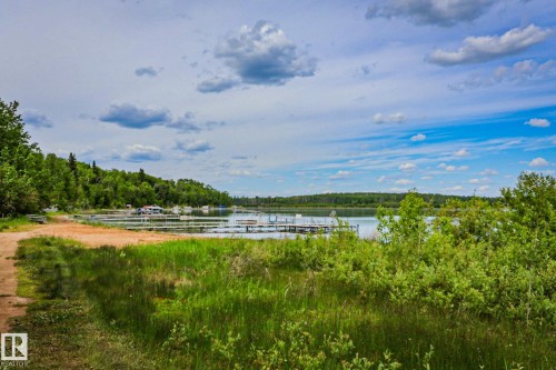 Waterfront property featuring a sandy shore, established vegetation, multiple boat docks, and a wooded perimeter - 400 60501 Range Road 120, Rural St. Paul County, AB - Outdoor With View