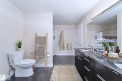Dual vanity with undermount sinks and a dark marble-patterned countertop - 
