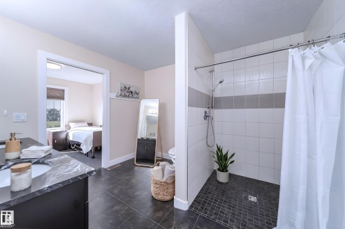 Walk-in shower with white and gray tiled walls, dark tile flooring, and chrome fixtures - 8967 24 Avenue, Edmonton, AB - Indoor Photo Showing Bathroom