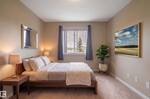 Neutral-toned bedroom featuring a large window, carpet flooring, base molding, and a ceiling-mounted light fixture - #314 240 Spruce Ridge Rd, Spruce Grove, AB - Indoor Photo Showing Bedroom