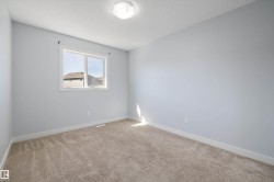 Light-filled room featuring neutral-toned carpeting, a crisp white window frame, and a flush-mount ceiling light fixture - 