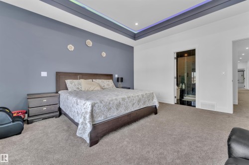 Tray ceiling with recessed lighting and accent trim, plush carpet flooring, a dark wood-finish bed frame, and a clear glass shower enclosure - 1809 18A Avenue, Edmonton, AB - Indoor Photo Showing Bedroom