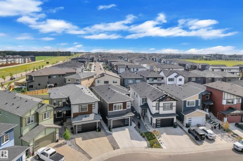 Aerial perspective showcasing a developed residential area with multiple detached homes featuring varied architectural styles and dark-toned roofs - 1809 18A Avenue, Edmonton, AB - Outdoor With Facade
