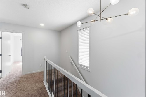 Staircase featuring a white handrail with black spindles, carpeted treads, and a modern chandelier - 22371 93 Avenue, Edmonton, AB - Indoor Photo Showing Other Room