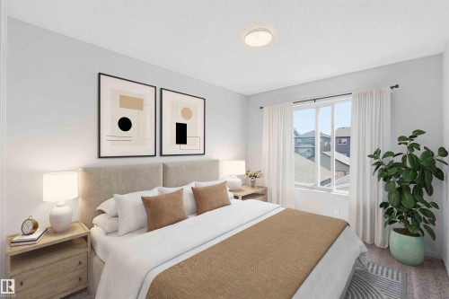 Bedroom featuring light gray walls, a window with white trim and curtains, and a flush-mount ceiling light - 22371 93 Avenue, Edmonton, AB - Indoor Photo Showing Bedroom