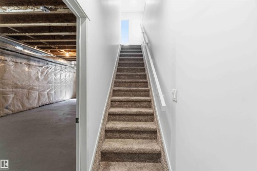 Carpeted staircase with white handrail leading to an upper level, alongside an unfinished basement with concrete flooring and exposed ceiling joists - 22371 93 Avenue, Edmonton, AB - Indoor Photo Showing Other Room