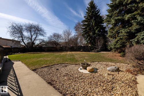 Expansive backyard featuring a large lawn area, mature evergreen trees, and a decorative gravel bed with accent boulders - 16536 103 Street, Edmonton, AB - Outdoor