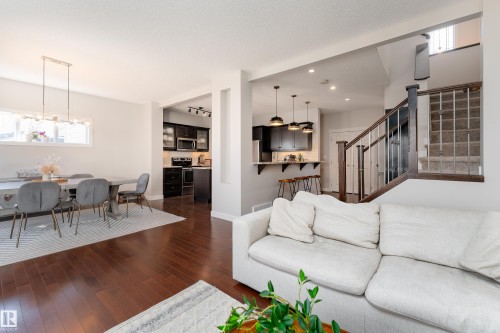 Open-concept living area featuring rich wood-finish flooring throughout, a dining space with a contemporary linear chandelier, a kitchen with dark cabinetry and a breakfast bar, and a staircase with dark wood newel posts and metal balusters - 22064 95 Avenue, Edmonton, AB - Indoor Photo Showing Living Room