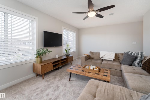 Carpeted living area featuring light gray walls, white window blinds, and a ceiling fan with integrated lighting - 22064 95 Avenue, Edmonton, AB - Indoor Photo Showing Living Room