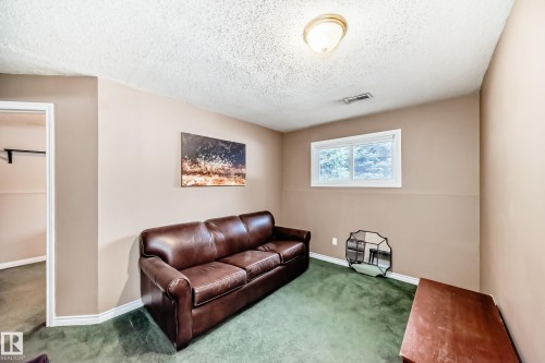 This room features a window providing natural light, green carpeting, and a ceiling light fixture - 9813 152 Street, Edmonton, AB - Indoor