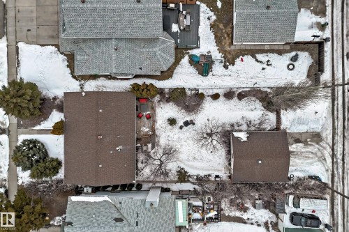 An aerial view of the property showcasing a brown shingled roof, a backyard area with trees, and a driveway - 9813 152 Street, Edmonton, AB - Outdoor