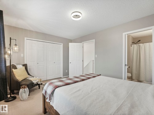 This room features light-colored walls and carpeting, a ceiling light fixture, and white bi-fold closet doors - 21360 88 Avenue, Edmonton, AB - Indoor Photo Showing Bedroom