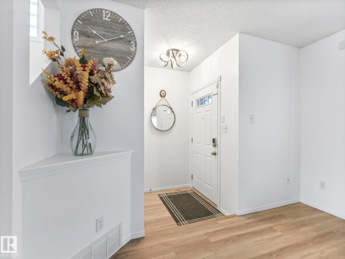 Entryway featuring a white door with glass panels, light wood-look flooring, and a contemporary ceiling light fixture - 21360 88 Avenue, Edmonton, AB - Indoor Photo Showing Other Room