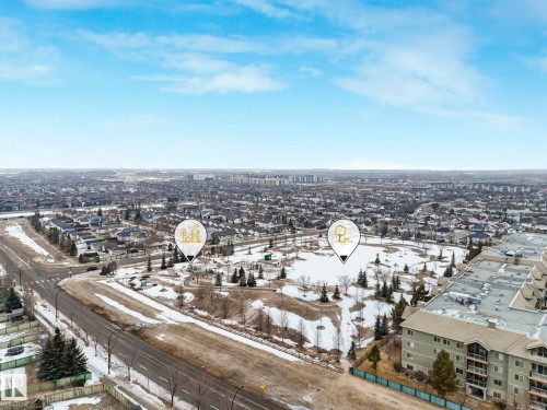 Aerial view showcasing the property's proximity to a park area with trees and open spaces, surrounded by a residential neighborhood - 21360 88 Avenue, Edmonton, AB - Outdoor With View