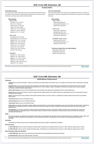 Property Details and iGUIDE Method of Measurement. Detailing room measurements, floor area information, and measurement methodology for the property - 3235 13 Avenue, Edmonton, AB - Other