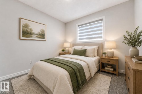 Bedroom featuring neutral wall paint, grey carpet flooring, and a window with horizontal blinds - 1921 119A Street, Edmonton, AB - Indoor Photo Showing Bedroom