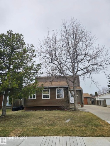Brown siding exterior with white window frames, a gray shingle roof, mature front yard trees, and a concrete driveway - 20 Hunt Road, Edmonton, AB - Outdoor