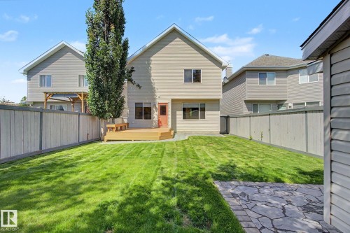 Spacious backyard featuring a wooden deck, mature tree, and a stone patio - 8311 11 Avenue, Edmonton, AB 