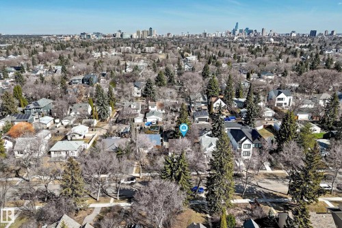 Aerial perspective of a tree-lined residential area with varied architectural styles - 10954 62 Avenue, Edmonton, AB - Outdoor With View