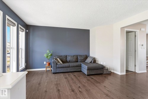 Spacious living area featuring wood-finish flooring, a contrasting accent wall, multiple large windows, and white trim throughout - 7114 22 Avenue, Edmonton, AB - Indoor Photo Showing Living Room