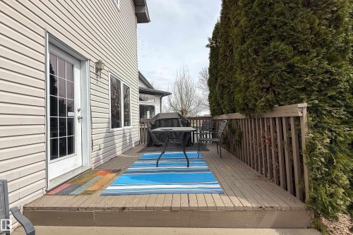 Rear deck with wood railing, flanked by evergreen trees - 1205 Ormsby Lane, Edmonton, AB - Outdoor With Deck Patio Veranda With Exterior