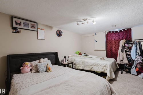 Carpeted room with neutral-toned walls, featuring a textured ceiling and a track lighting fixture - 10519 36A Avenue, Edmonton, AB - Indoor Photo Showing Bedroom