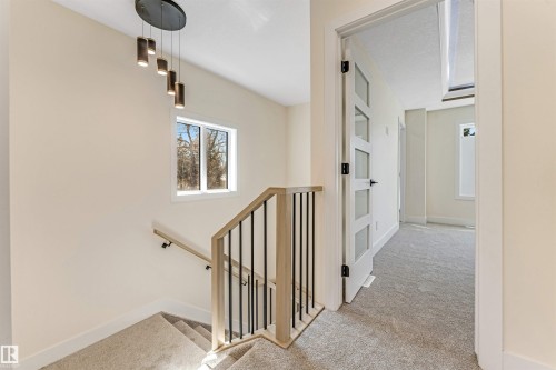 Carpeted staircase with light wood-finish handrail and black metal balusters - 10323 79 Street, Edmonton, AB - Indoor Photo Showing Other Room