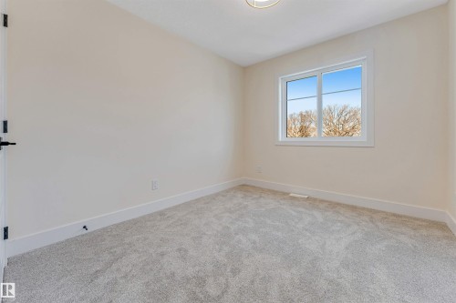 Bright room featuring a large window, neutral wall paint, light-toned carpeting, white baseboards, and a contemporary ceiling light fixture - 10323 79 Street, Edmonton, AB - Indoor Photo Showing Other Room