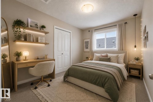 Upstairs bedroom with AI staging for reference of its potential once furnished. - 20813 96A Avenue, Edmonton, AB - Indoor Photo Showing Bedroom
