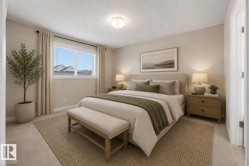 Primary bedroom with AI staging for reference of its potential once furnished. - 20813 96A Avenue, Edmonton, AB - Indoor Photo Showing Bedroom