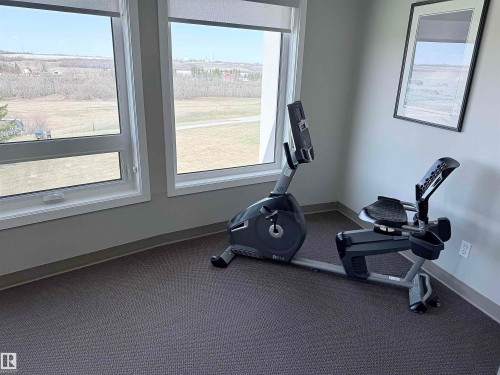 Dual windows with white frames, offering natural light and scenery - 410 9926 100 Avenue, Fort Saskatchewan, AB - Indoor Photo Showing Gym Room