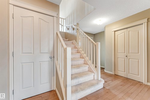 Carpeted staircase with light-toned wood-finish flooring, featuring a white balustrade and handrail - 1431 Hodgson Way, Edmonton, AB - Indoor Photo Showing Other Room