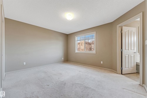Neutral-toned room featuring light-colored carpeting, a window with blinds, and an overhead flush-mount light fixture - 1431 Hodgson Way, Edmonton, AB - Indoor Photo Showing Other Room